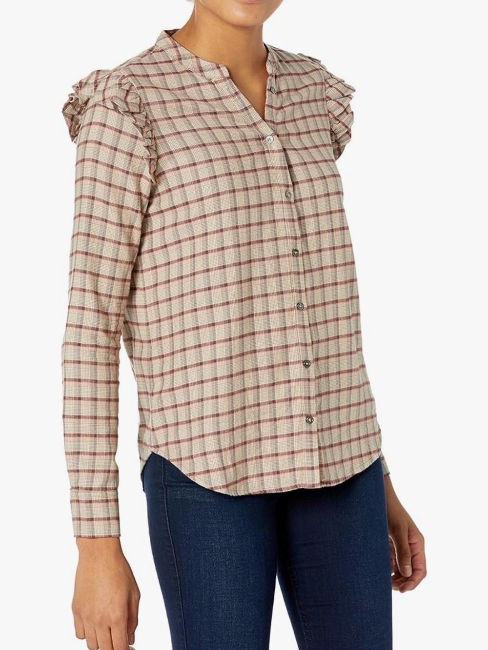 PAIGE Jenelle Beige Plaid Button-Front Ruffle Shoulder Shirt